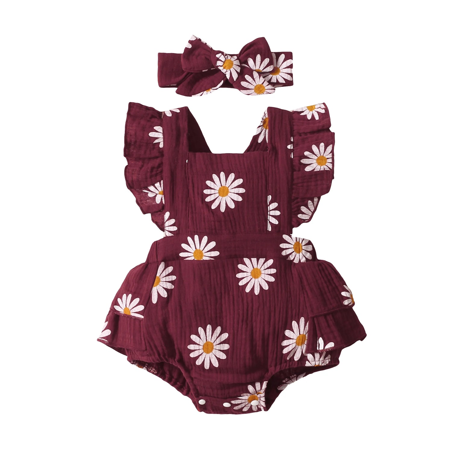 Baby Girl Daisy Romper Set – Sleeveless Ruffle Jumpsuit + Headband (0–18M)