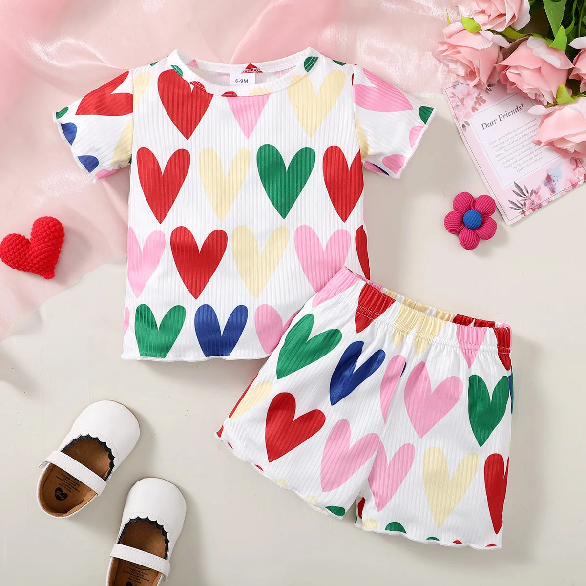 Girls' Heart Print Summer Set – 2pcs Outfit (0–3Y)